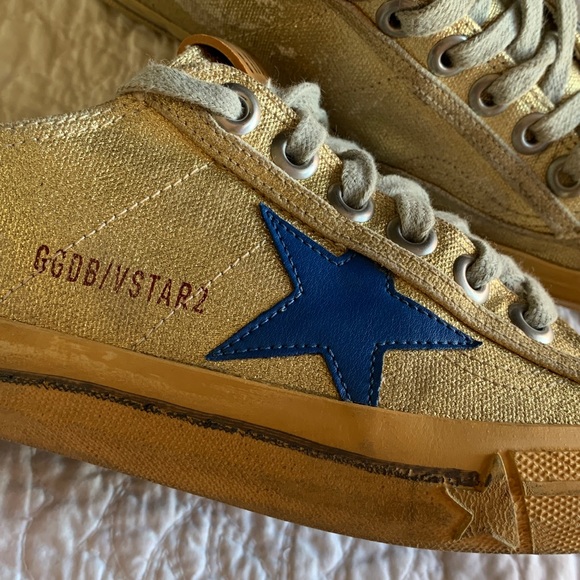 GOLDEN GOOSE FRESH VSTAR2 SNEAKERS FRESH GOLD BLUE LEATHER STAR SPRING SUMMER - Picture 2 of 9